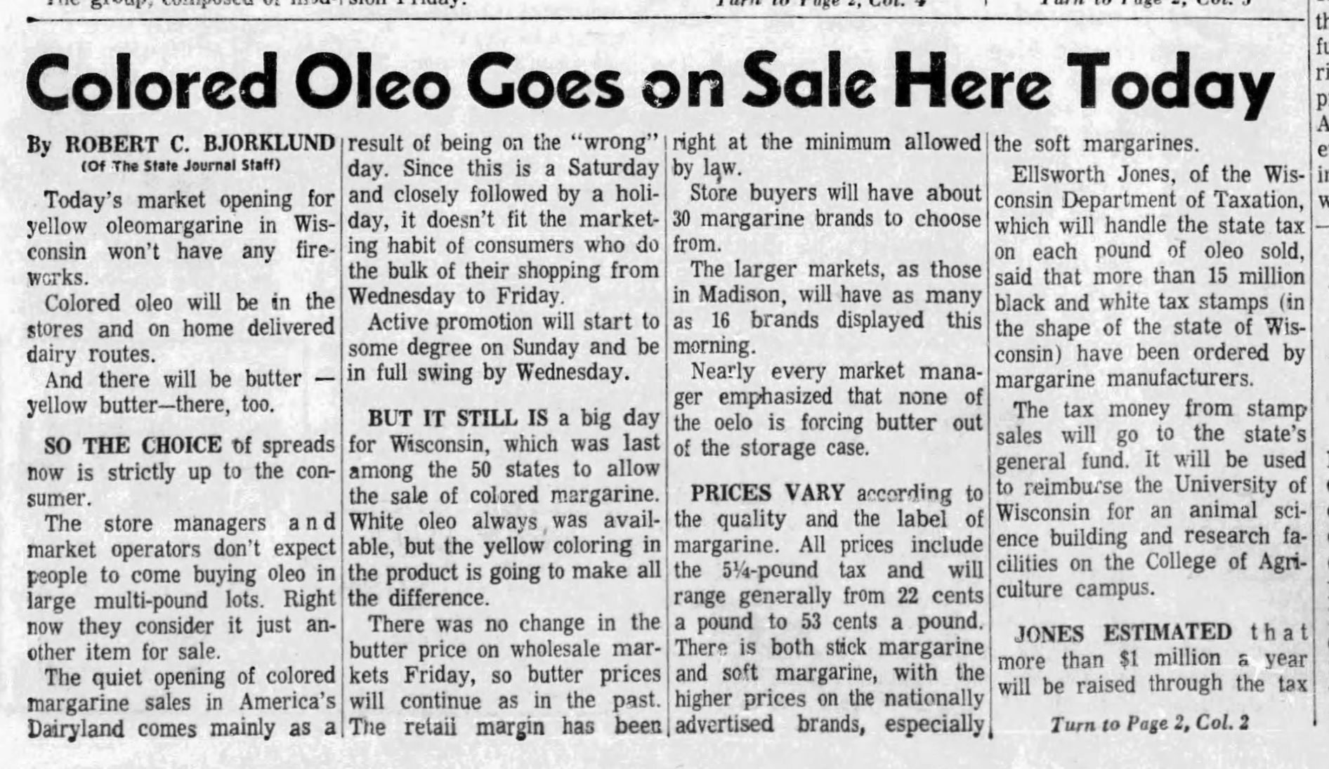 July 1, 1967: Colored Oleo Goes on Sale Here Today